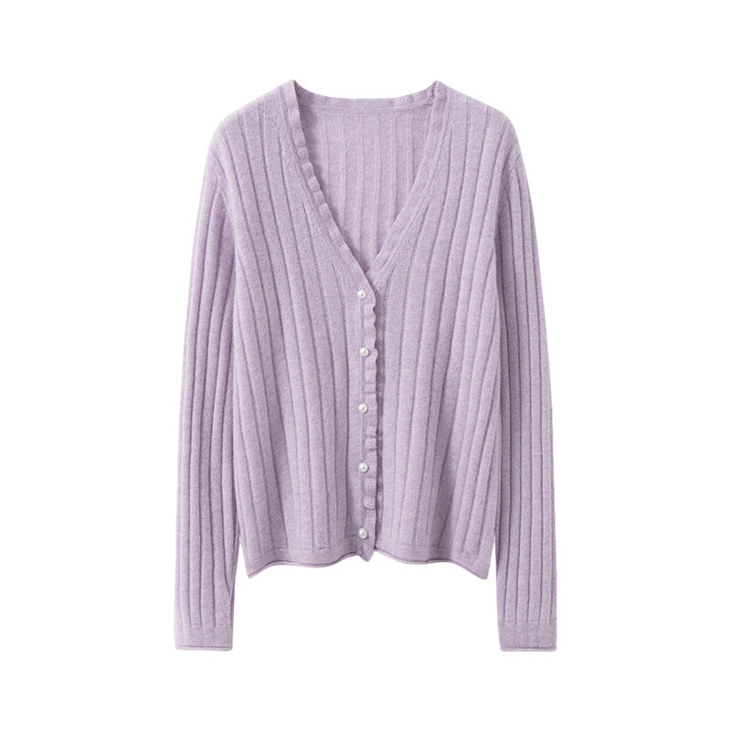 Lilac AM Vision RO cashmere lace cardigan with a ribbed design and button closure for a stylish look