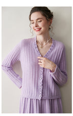 AM Vision RO Lilac Cashmere Lace Cardigan with Button Front and Ribbed Design