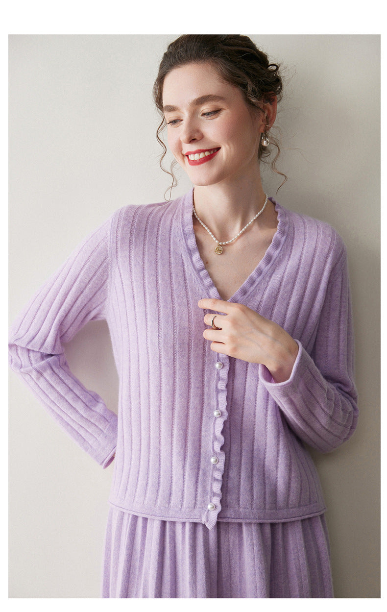 AM Vision RO Lilac Cashmere Lace Cardigan with Button Front and Ribbed Design