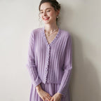 AM Vision RO Cashmere Lace Cardigan in Soft Lavender with Button Closure and Ribbed Design