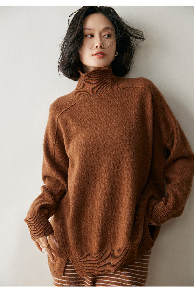 AM Vision RO Brown Cashmere Turtleneck Sweater for Women with Oversized Fit and Soft Texture