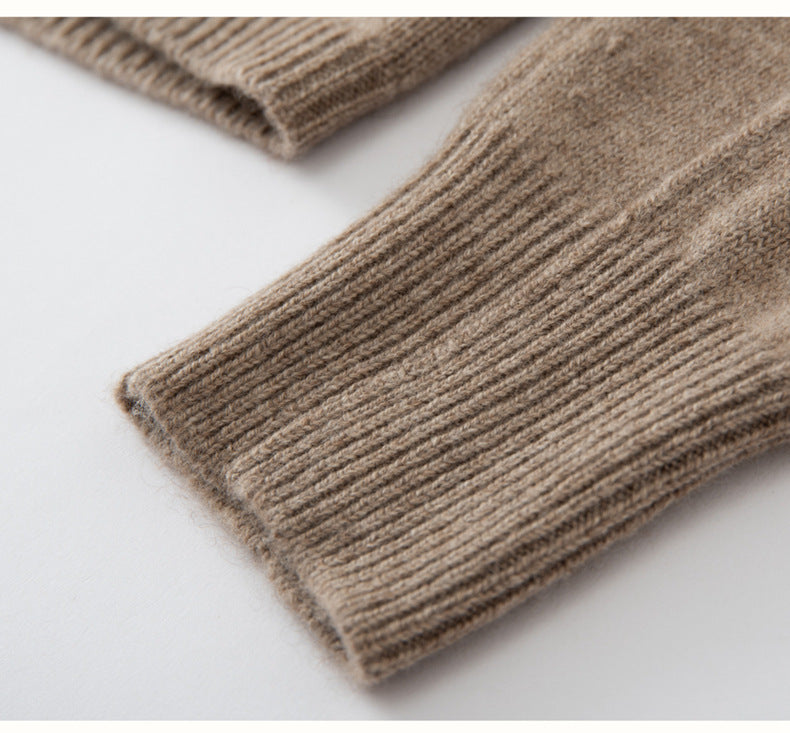 Close-up of sleeves on AM Vision RO cashmere turtleneck sweater for women in soft beige color