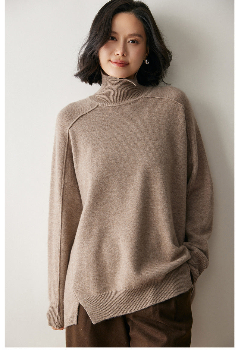 Beige AM Vision RO cashmere turtleneck sweater for women with a relaxed fit and side slits