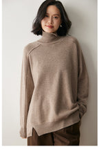 Beige AM Vision RO cashmere turtleneck sweater for women with a relaxed fit and side slits