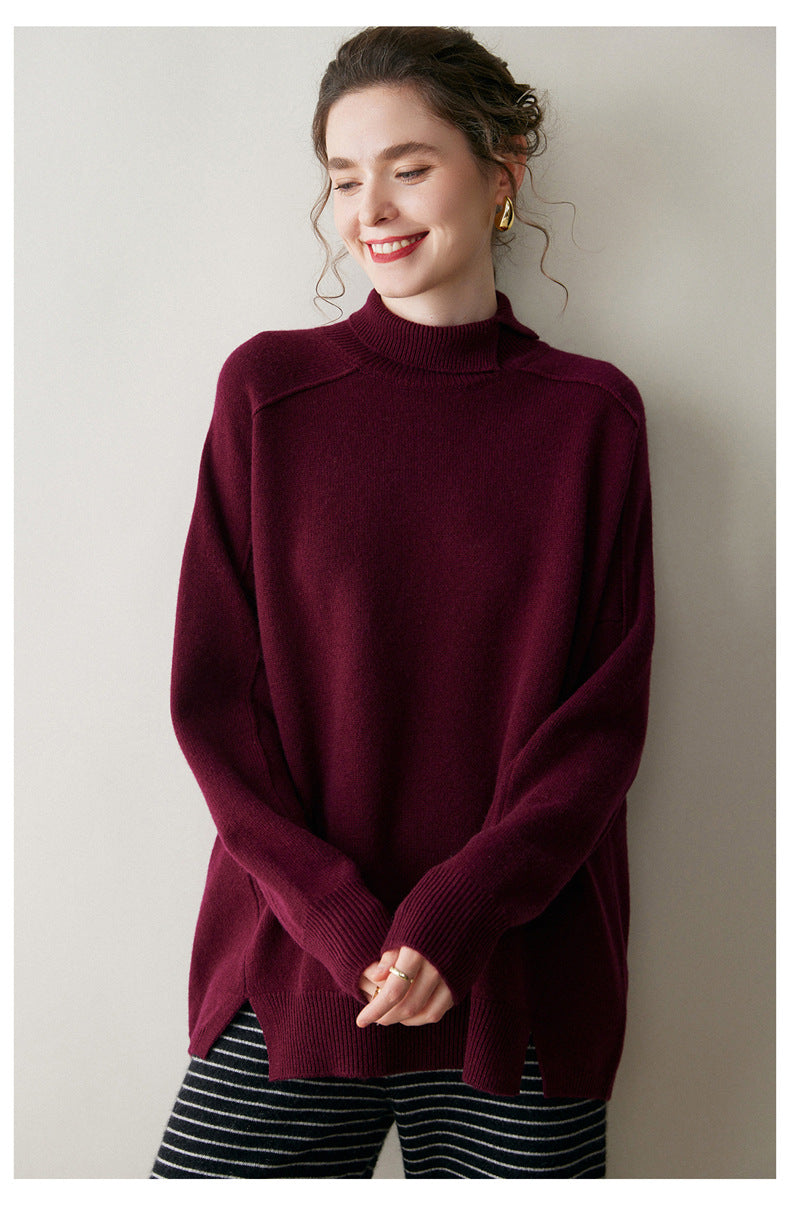 Burgundy cashmere turtleneck sweater for women with a relaxed fit and long sleeves