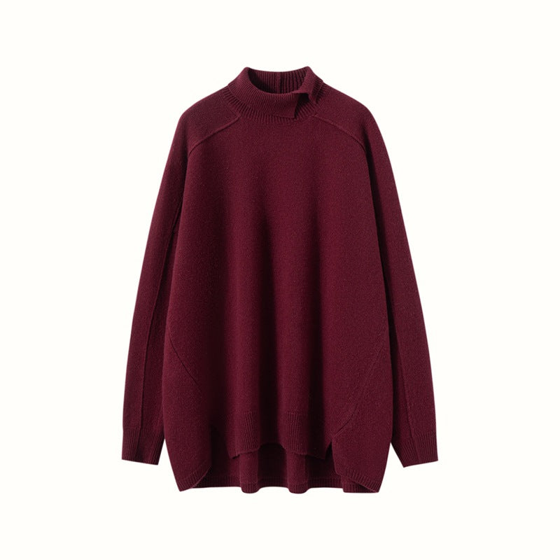 Burgundy cashmere turtleneck sweater for women with relaxed fit and long sleeves