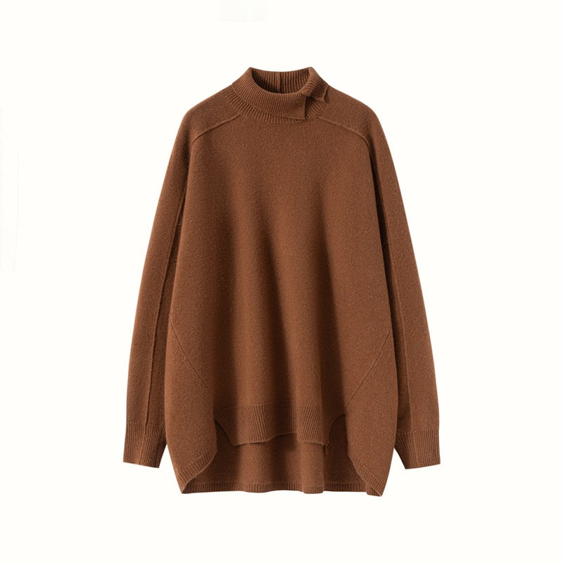 Cozy brown cashmere turtleneck sweater for women with relaxed fit and modern design