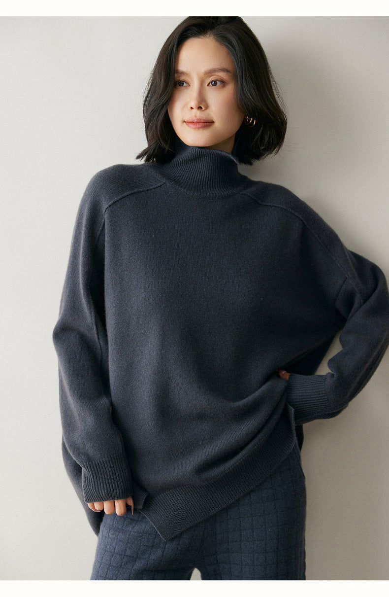 Dark gray AM Vision RO cashmere turtleneck sweater for women with relaxed fit and soft texture