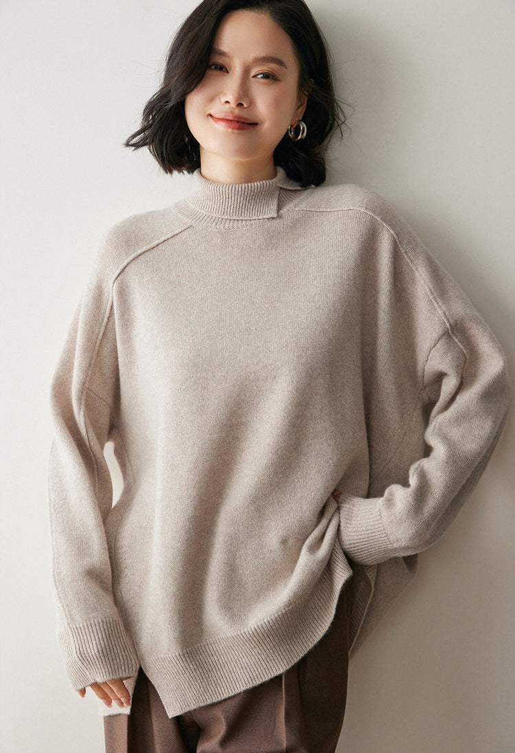 Light beige AM Vision RO cashmere turtleneck sweater for women with relaxed fit and ribbed hem