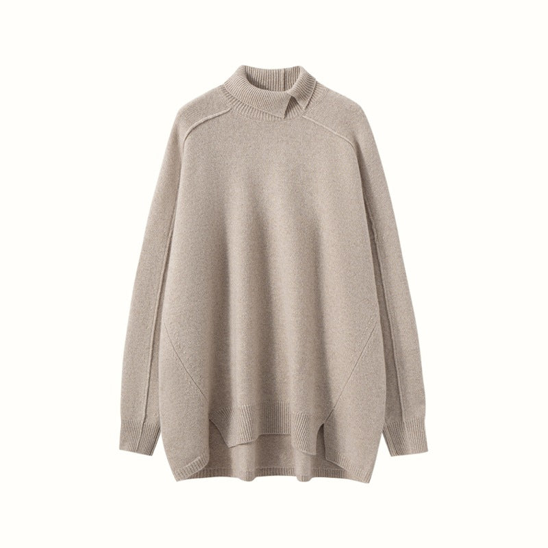 Beige cashmere turtleneck sweater for women with a relaxed fit and ribbed details