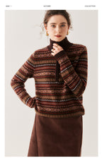 Cashmere Turtleneck Sweater Retro Old Money Knit in Brown with Colorful Patterns and a Stylish Fit