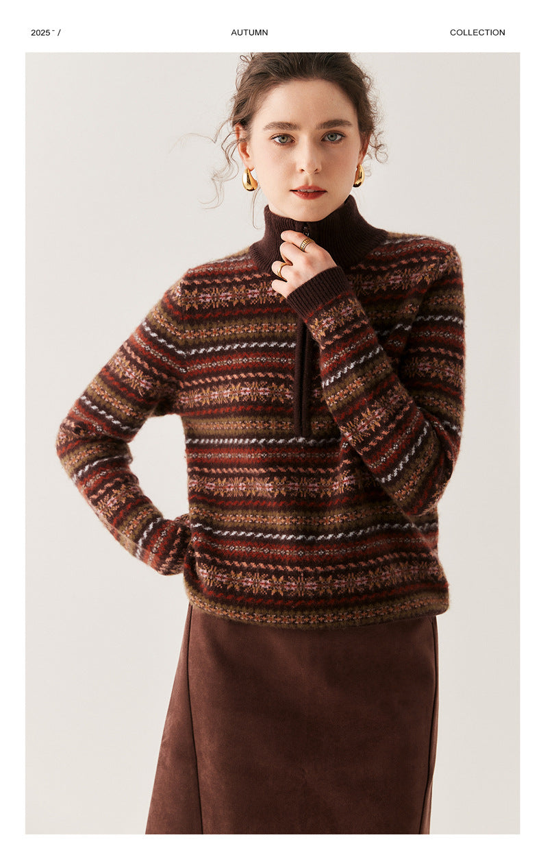 Cashmere Turtleneck Sweater Retro Old Money Knit in Brown with Colorful Patterns and a Stylish Fit