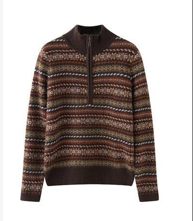 AM Vision RO Cashmere Turtleneck Sweater Retro Old Money Knit with Multicolor Pattern and Half-Zip Design
