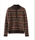 AM Vision RO Cashmere Turtleneck Sweater Retro Old Money Knit with Multicolor Pattern and Half-Zip Design