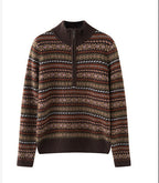 AM Vision RO Cashmere Turtleneck Sweater Retro Old Money Knit with Multicolor Pattern and Half-Zip Design