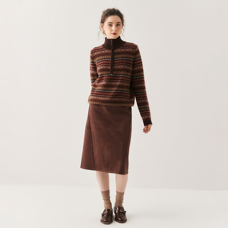 AM Vision RO Cashmere Turtleneck Sweater Retro Old Money Knit in rich colors, styled with a brown skirt