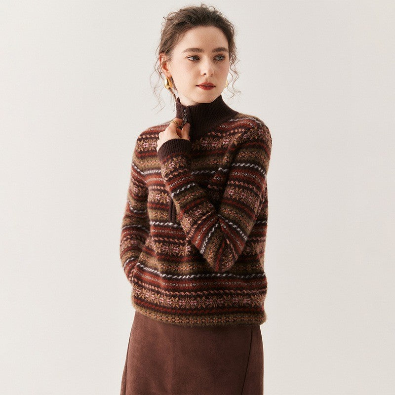 AM Vision RO Cashmere Turtleneck Sweater Retro Old Money Knit with Cozy Striped Pattern