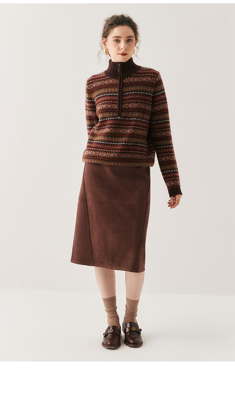 Cashmere Turtleneck Sweater Retro Old Money Knit in Multi-Color with a Stylish Brown Skirt Outfit