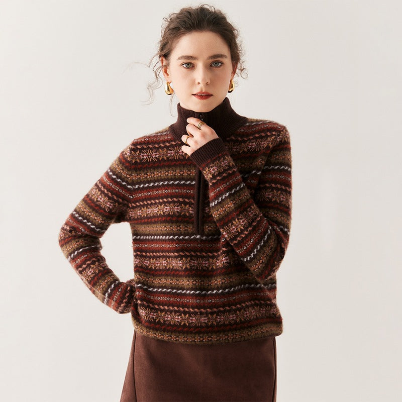 AM Vision RO Cashmere Turtleneck Sweater Retro Old Money Knit with Colorful Stripes and Cozy Fit