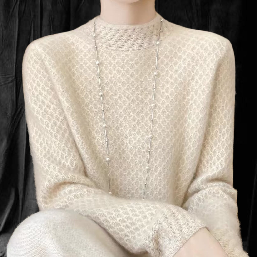 Casual Cashmere Sweater With Elegant Crochet And Semi-High Collar modeled by a woman with a delicate necklace