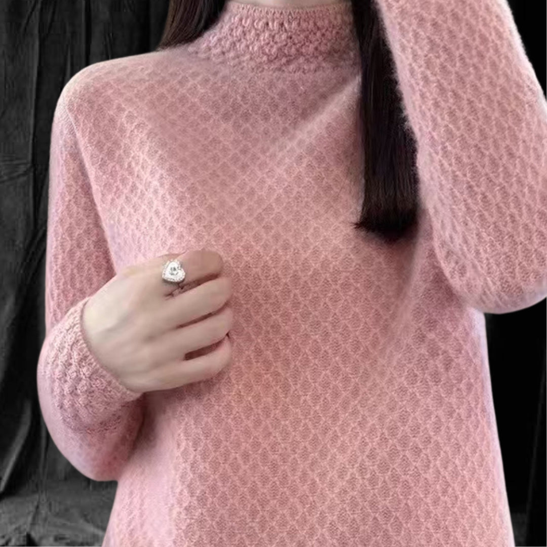 Casual Cashmere Sweater With Elegant Crochet And Semi-High Collar in Soft Pink for Comfortable Style