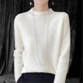 Casual Cashmere Sweater With Elegant Crochet And Semi-High Collar in a soft white fabric