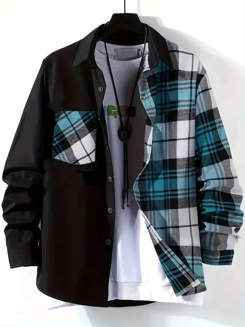 AM Vision RO Casual Checkered Shirt with Black and Teal Pattern for Stylish Everyday Wear