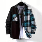 AM Vision RO Casual Checkered Shirt with Black and Blue Color Block Design and Front Pocket
