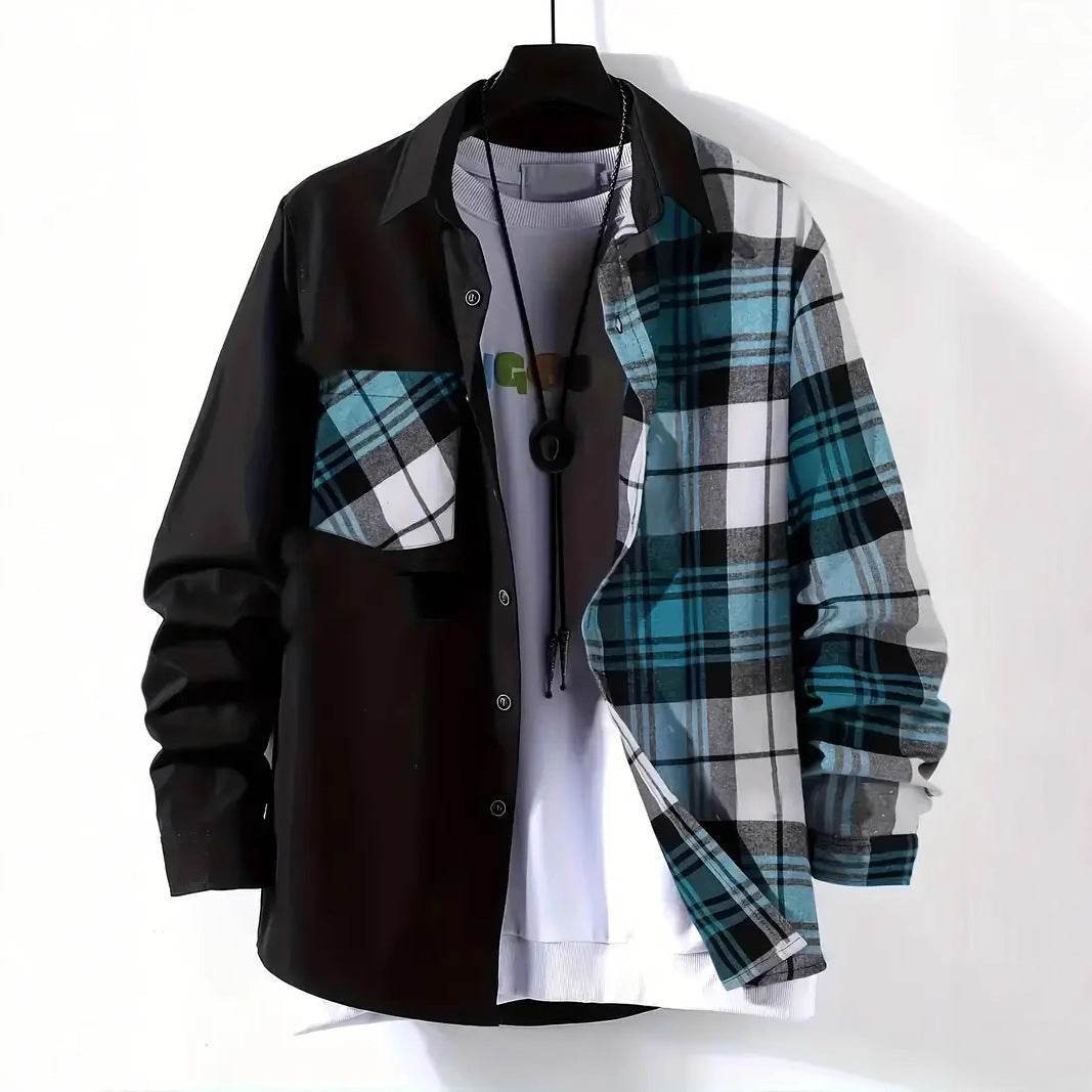 AM Vision RO Casual Checkered Shirt with Black and Blue Color Block Design and Front Pocket