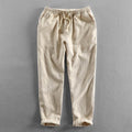 Beige Casual Tapered Linen Pants for Men with Elastic Waist and Side Pockets