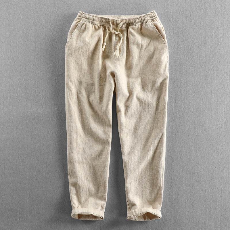 Beige Casual Tapered Linen Pants for Men with Elastic Waist and Side Pockets