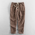 Brown Casual Tapered Linen Pants for Men with Elastic Waistband and Side Pockets