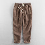 Brown Casual Tapered Linen Pants for Men with Elastic Waistband and Side Pockets