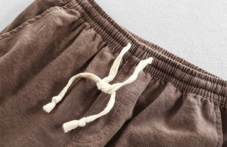 Brown Casual Tapered Linen Pants for Men featuring an elastic waistband and drawstring detail