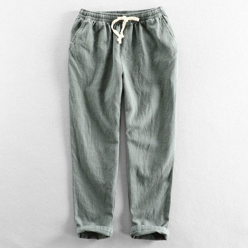 AM Vision RO Casual Tapered Linen Pants for Men in light gray with elastic waist and drawstring
