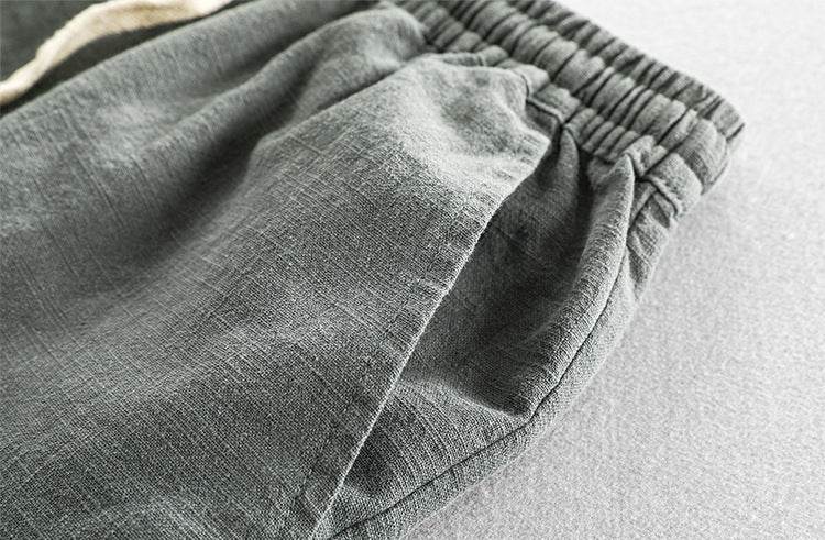 Detail of AM Vision RO Casual Tapered Linen Pants for Men featuring a comfortable elastic waistband