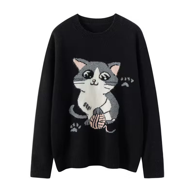 Cozy black cat cashmere sweater featuring a cute cat design with paw prints
