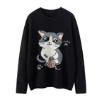 Cozy black cat cashmere sweater featuring a cute cat design with paw prints
