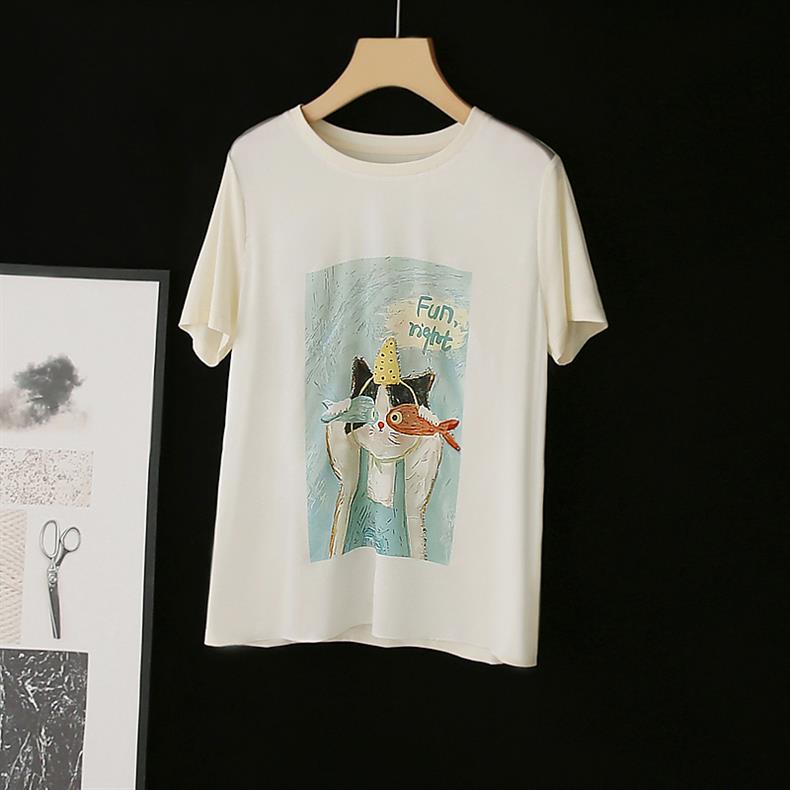 Cat Comfort Tee with a playful cat and fish print on soft cream cotton