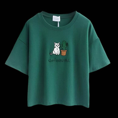 Cat Print Cotton T-Shirt in Green featuring a cute cat and cactus design