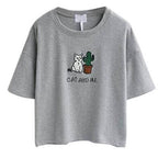 Gray Cat Print Cotton T-Shirt featuring a cute cat and cactus design for casual wear