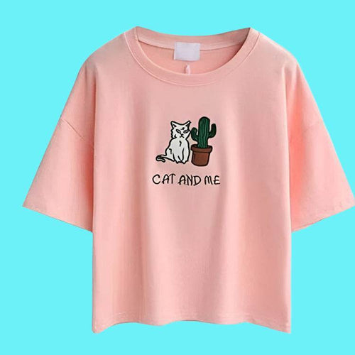 AM Vision RO Cat Print Cotton T-Shirt in Pink featuring a Cute Cat and Cactus Design