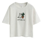 Cat Print Cotton T-Shirt featuring a cute cat and cactus design for casual wear