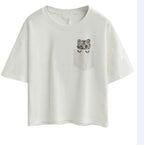Cat Print Cotton T-Shirt featuring a cute cat design peeking from the pocket