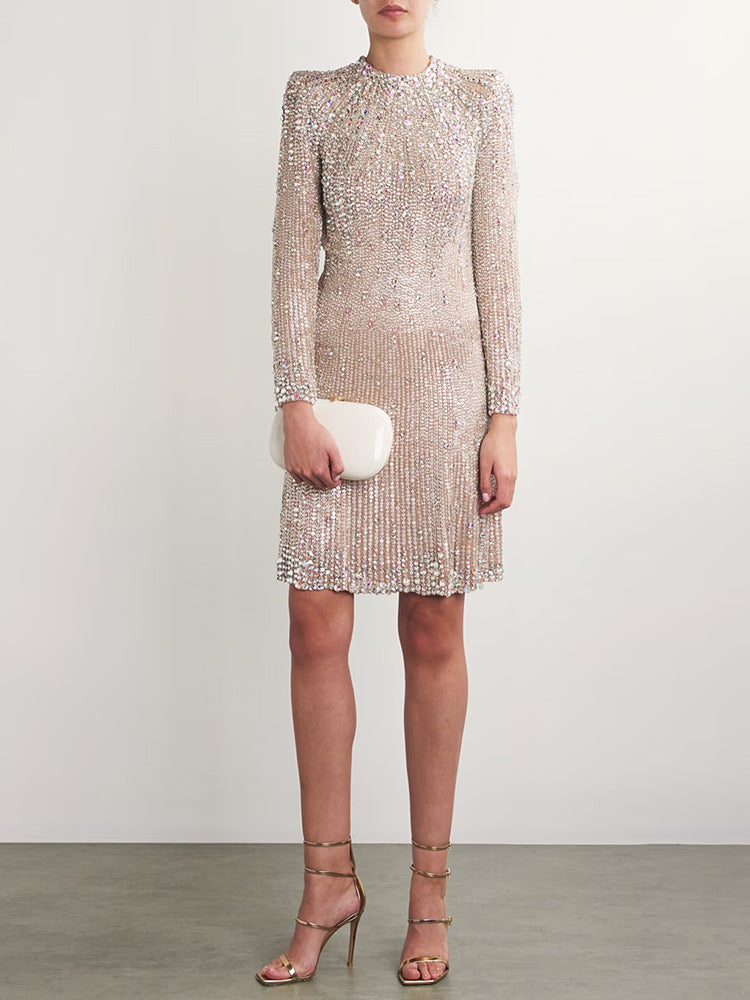 AM Vision RO Celestia Embellished Mini Dress with Long Sleeves and Sparkling Sequin Detail