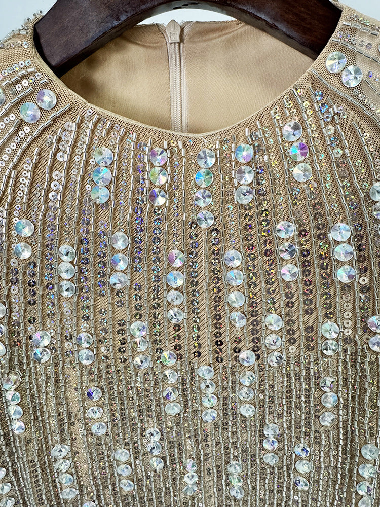 Close-up of Celestia Embellished Mini Dress featuring shimmering sequins and intricate detailing