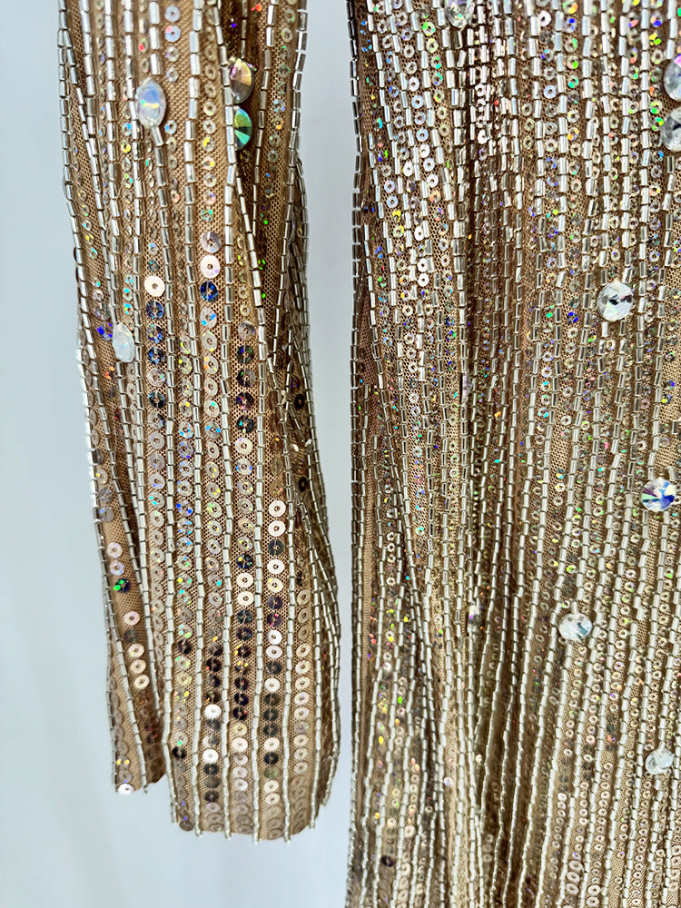 Close-up of Celestia Embellished Mini Dress showcasing sparkling embellishments and shimmering fabric