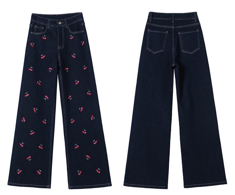 Cherry Embroidered Wide Leg Jeans with a stylish dark wash and floral embroidery detail