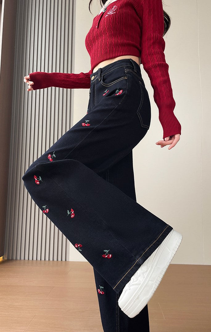 Cherry Embroidered Wide Leg Jeans with Floral Detail and Flared Style for a Trendy Look