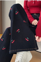 Cherry Embroidered Wide Leg Jeans featuring a stylish design with red cherry motifs